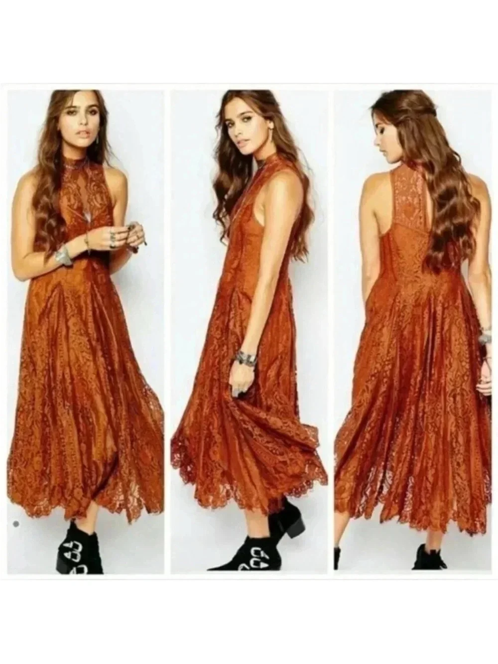 Free People Angel Ray Scalloped Lace Sleeveless Midi Dress Copper/Rust Orange XS